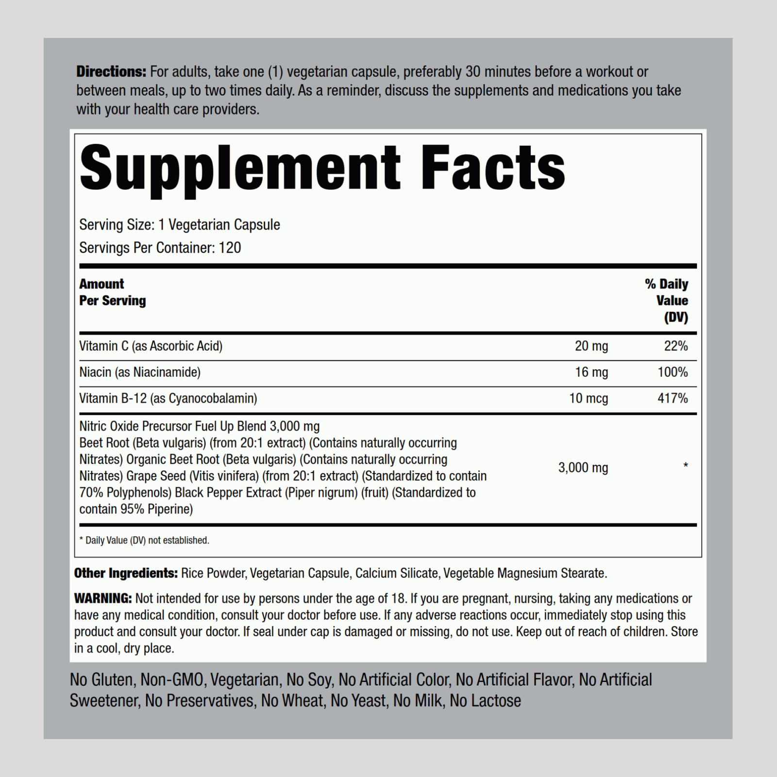 Nitric Oxide Beet Root Capsules | With Nitrates | 120 Count | by Fitness Labs