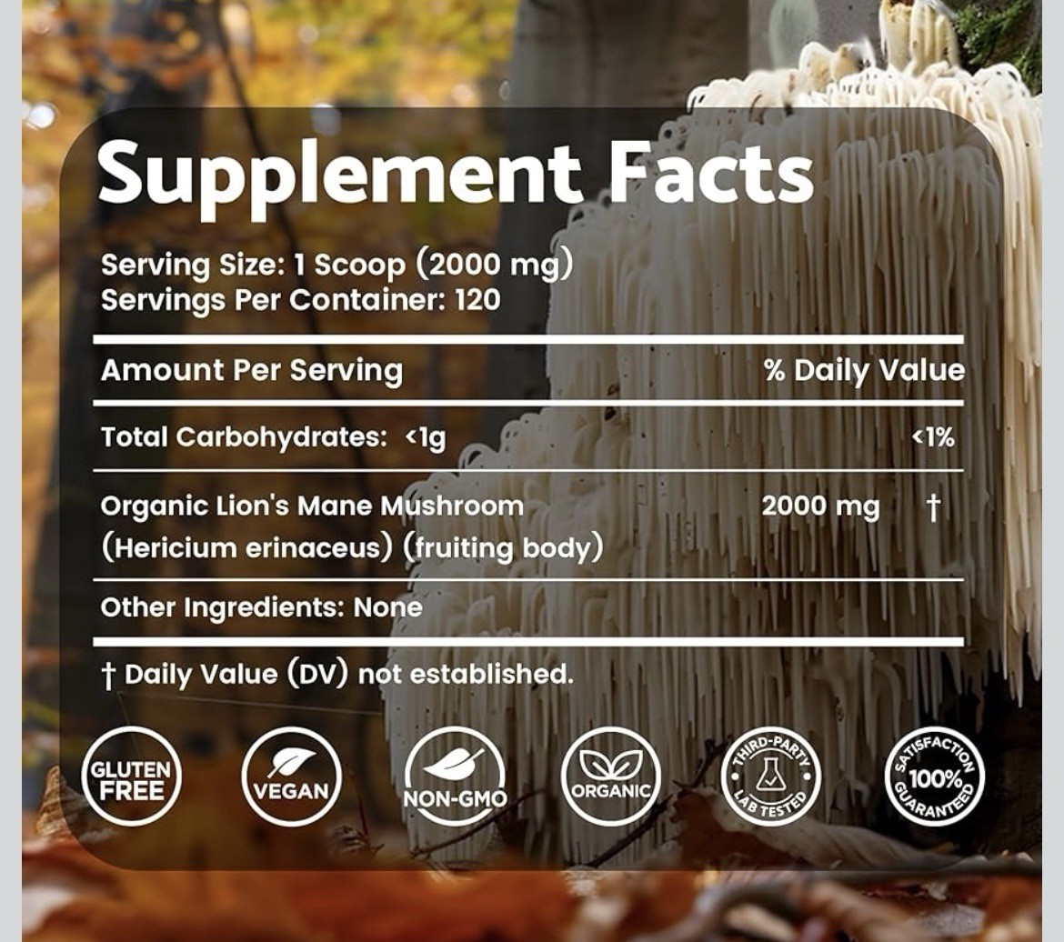 Lions Mane Powder Organic – 2000mg… 120 Servings … 08/2026 B16