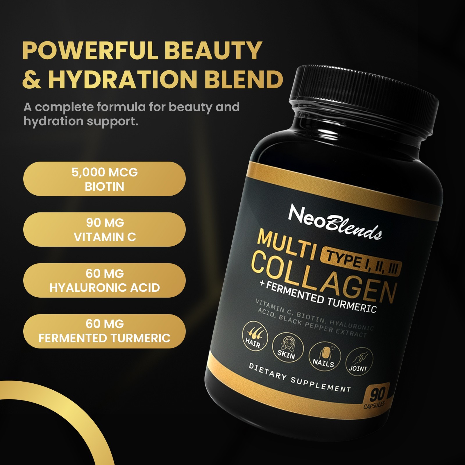 Hydrolyzed Multi Collagen for Hair Skin Nails Support – 90 Capsules
