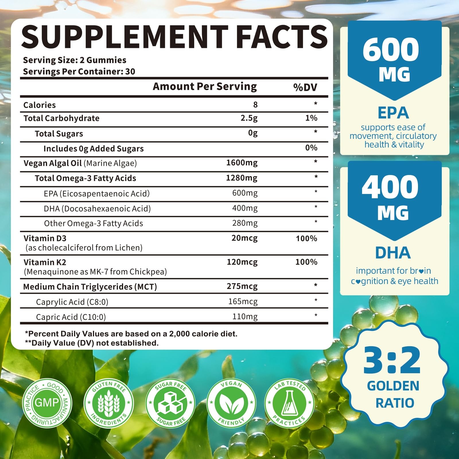 Mchokuu Vegan Omega-3 Gummies 1600Mg Epa Dha From Algal Oil Fish Oil