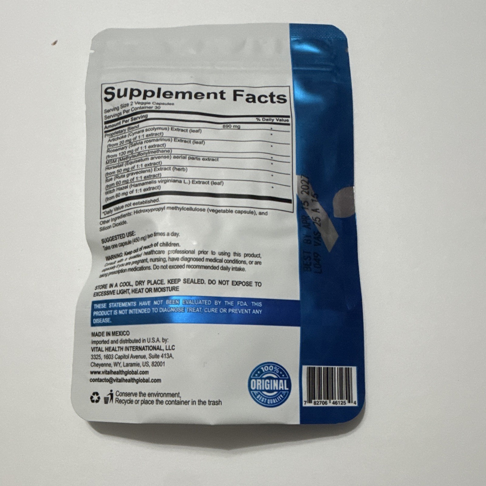 VitalHealth V-Asculax Artichoke Rosemary MSM 60 Capsules Non-GMO 100% Natural