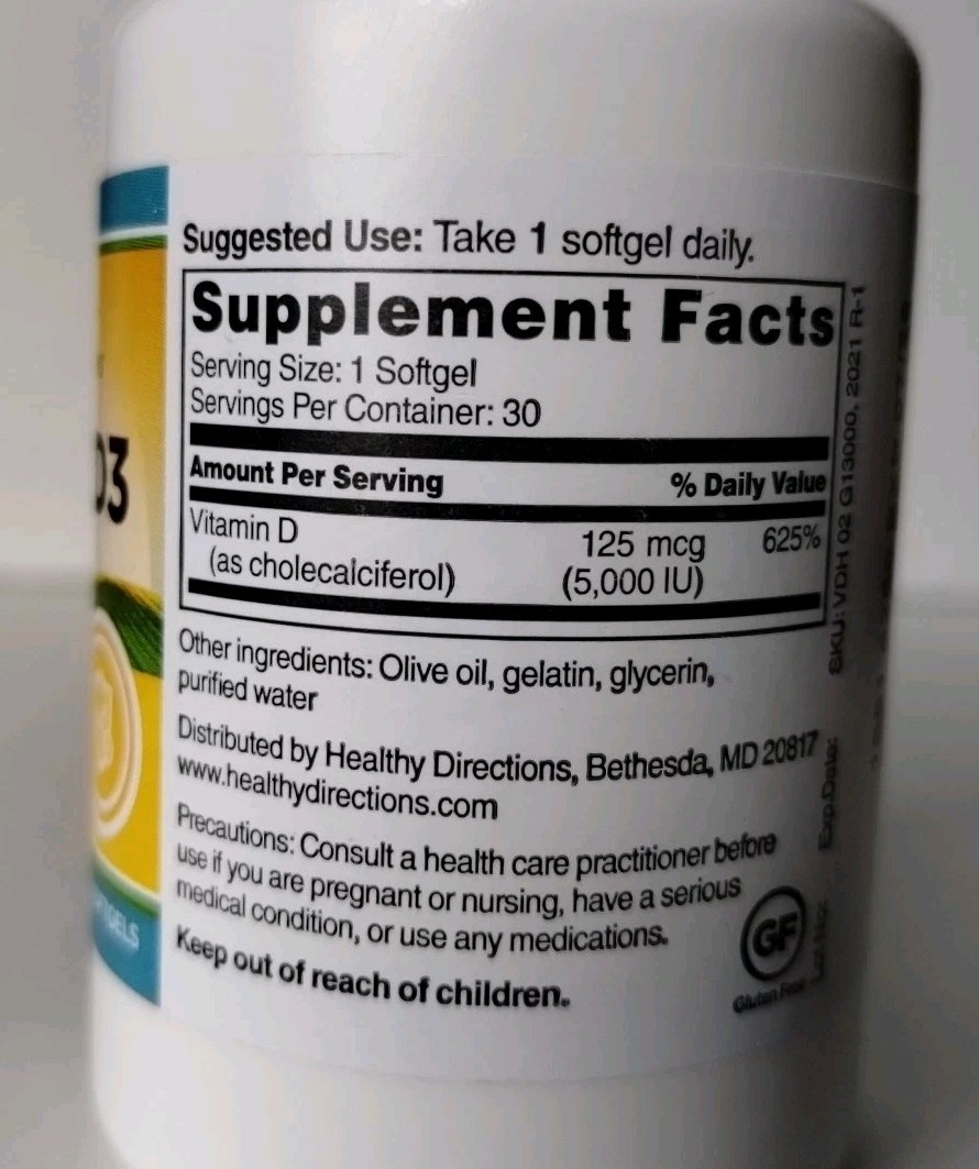 Healthy Directions Vitamin D3 5000 IU 30 Softgels Immune Support EXP 07/26