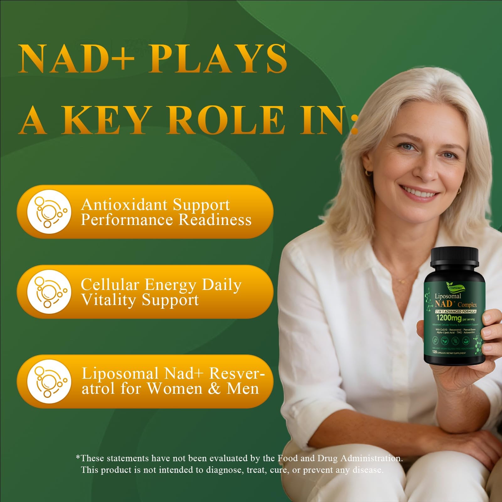 Cynthirry Liposomal NAD+ Supplement with Resveratrol, 120 Count (Pack of 1)