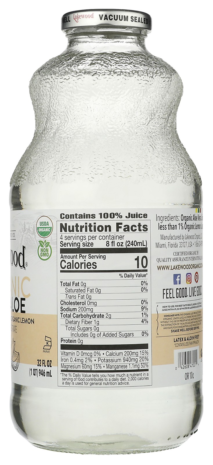 Organic Pure Aloe Juice With Lemon By Lakewood 32 Fl Oz 1 Pack