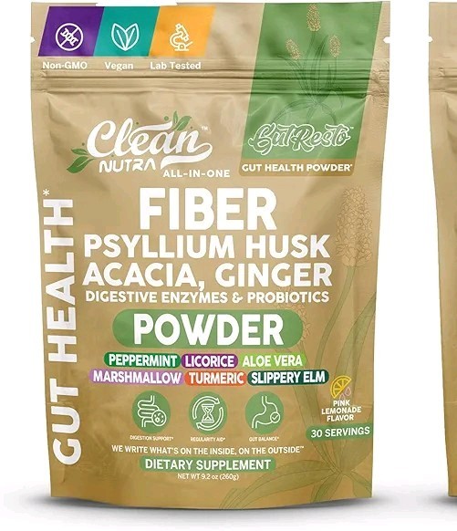 Clean Nutra Gut Restore Fiber Powder Pink Lemonade Acacia Psyllium Ginger Vegan