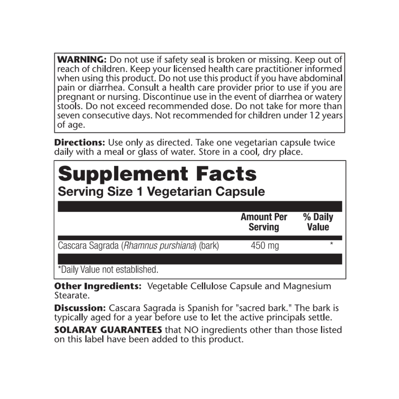 Solaray Cascara Sagrada Bark, Veg Cap (Btl-Plastic) 450mg 100ct