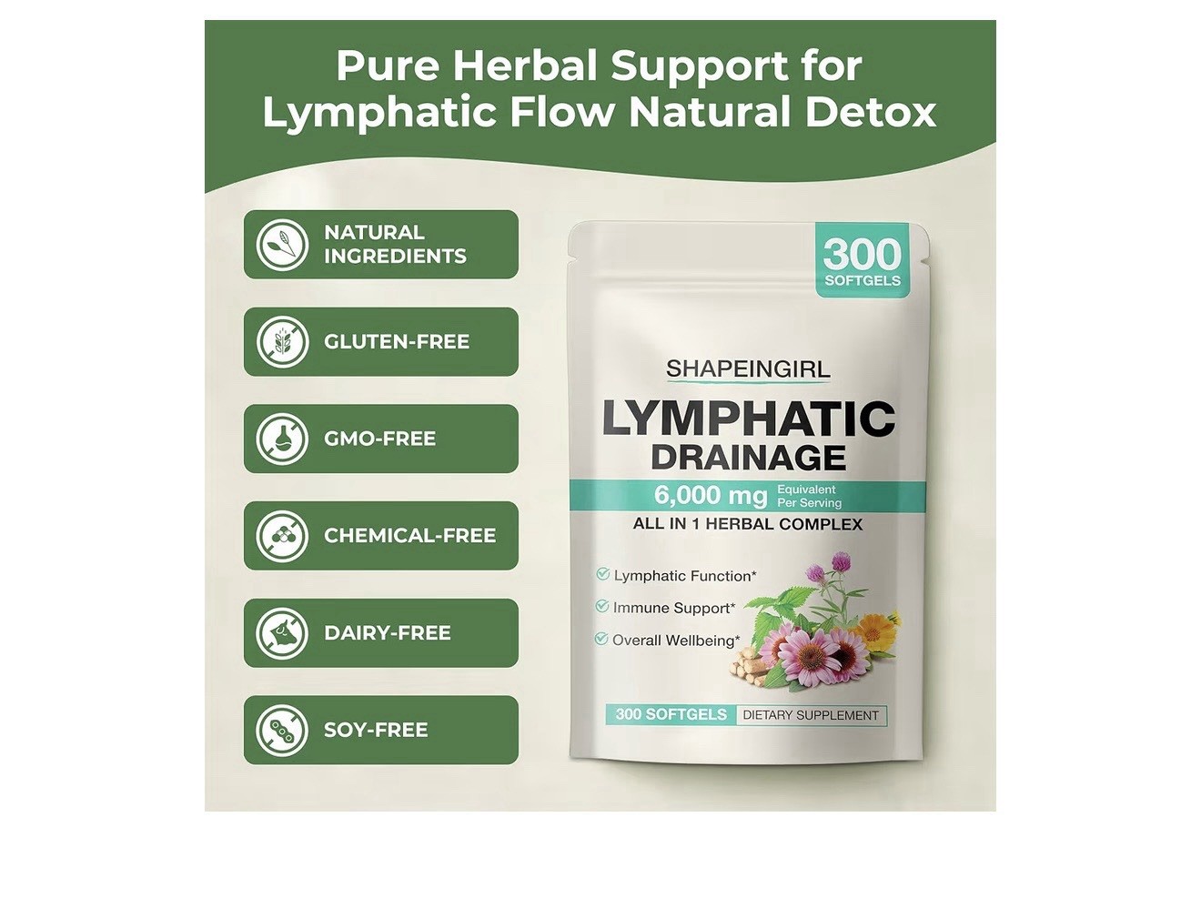Shapeingirl Lymphatic Drainage 6000mg Herbal Complex 300 Softgels GMO-Free