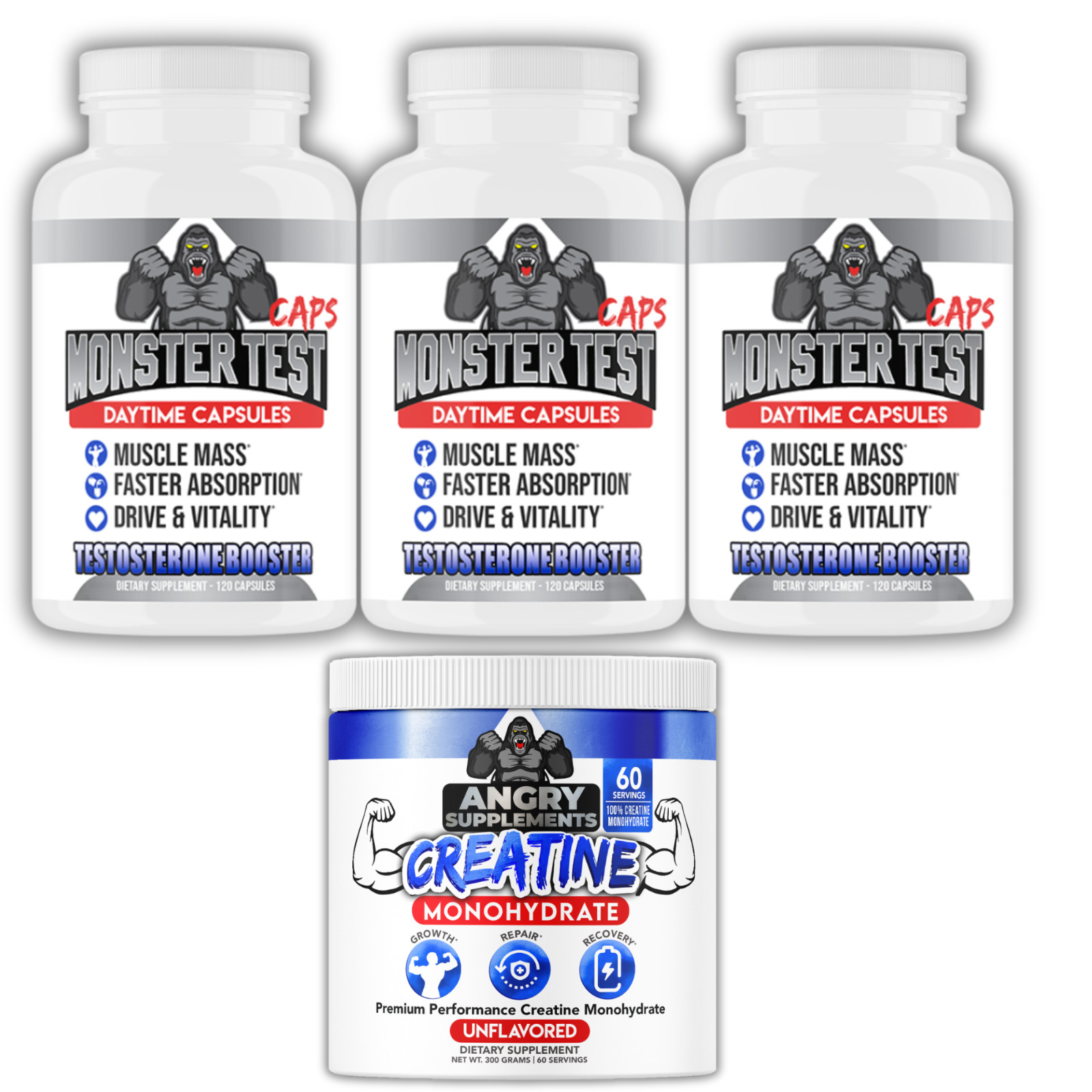 #1 Testosterone Booster Monster Test Caps 3pk, 360ct + Angry Men’s Creatine 300G