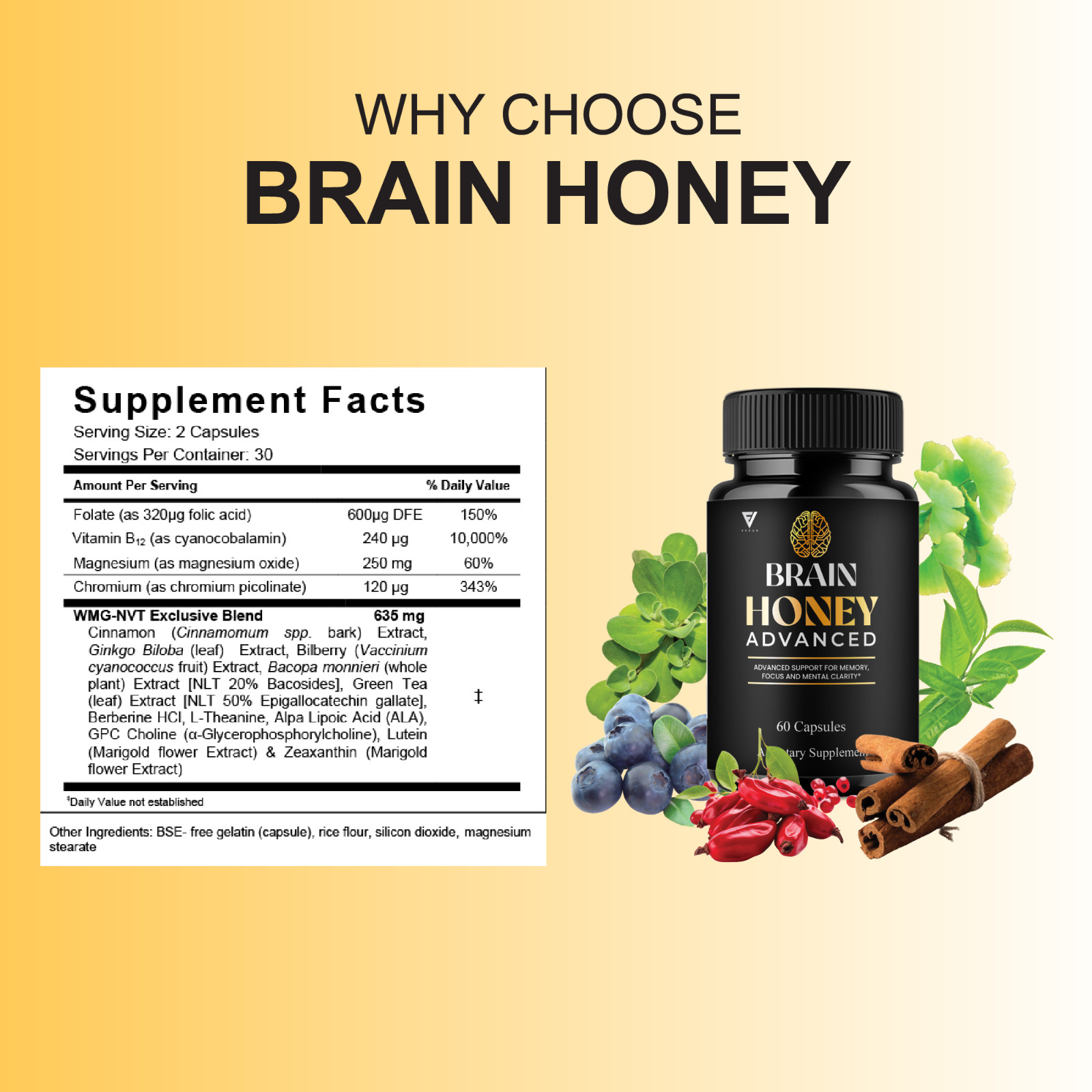 (2 Pack) Brain Honey Advanced Nootropic Supplement, Brain Honey (120 Capsules)
