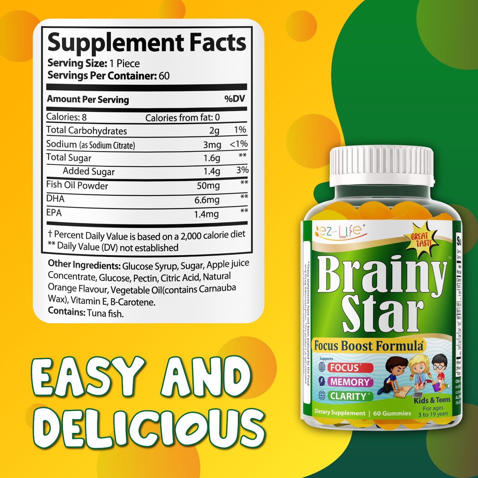 Focus Gummies for Kids & Teens – Brain & Memory Support Omega 3 6 9 – 60 Gummies