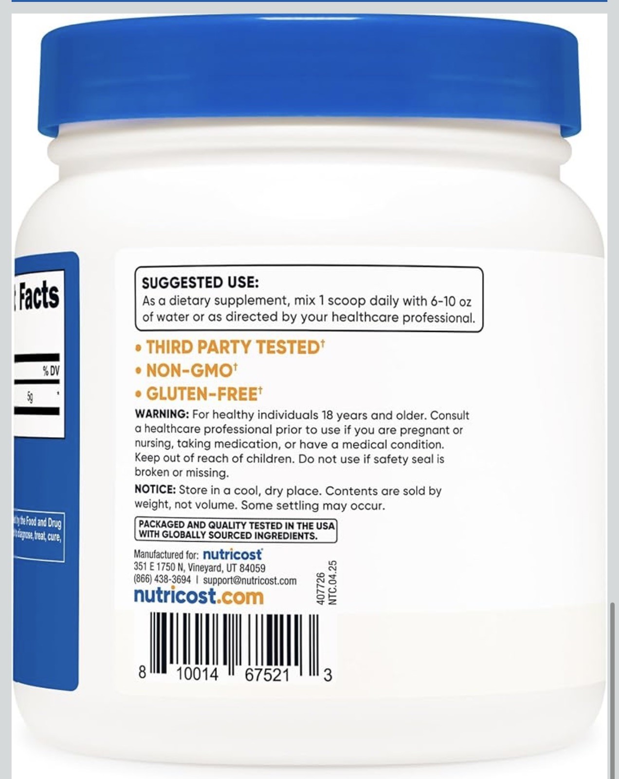 Nutricost Pure L-Glutamine Powder 500G – 100 Servings, Non-GMO & Expire 02/2029