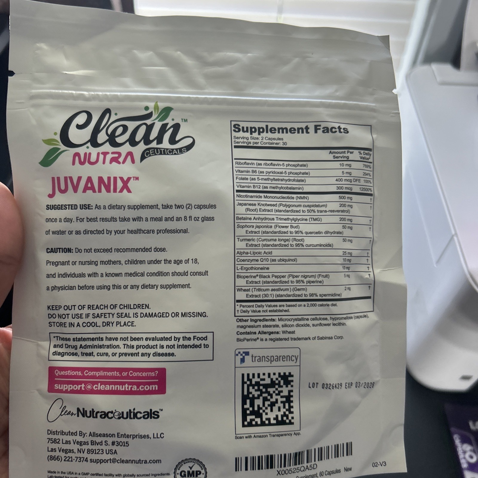 Clean Nutra Juvanix NMN Resveratrol Quercetin CoQ10 TMG 60ct Vegan Exp 03/2028