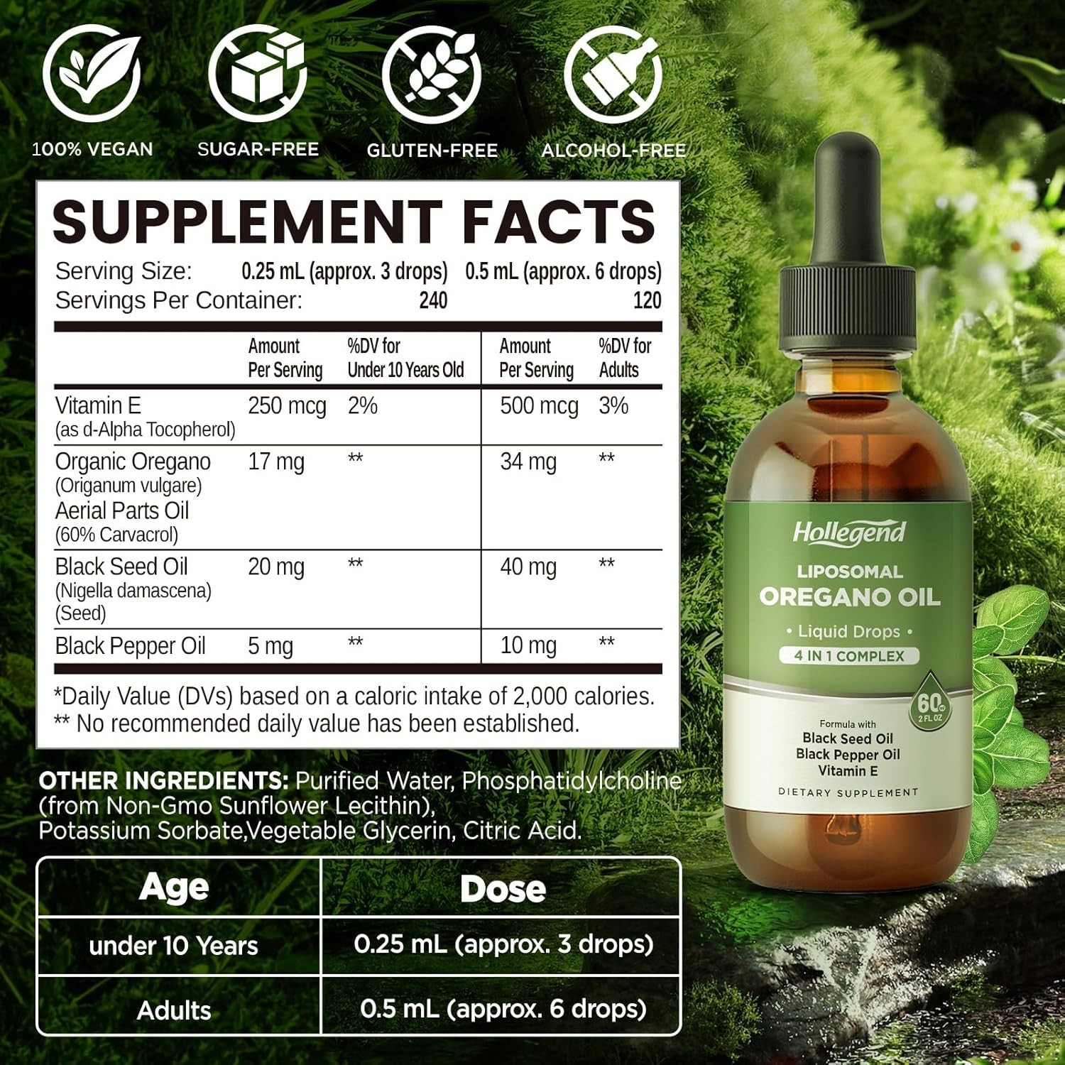 HOLLEGEND Liposomal Oregano Oil Liquid Drops, Organic Oil of Oregano Carvacrol