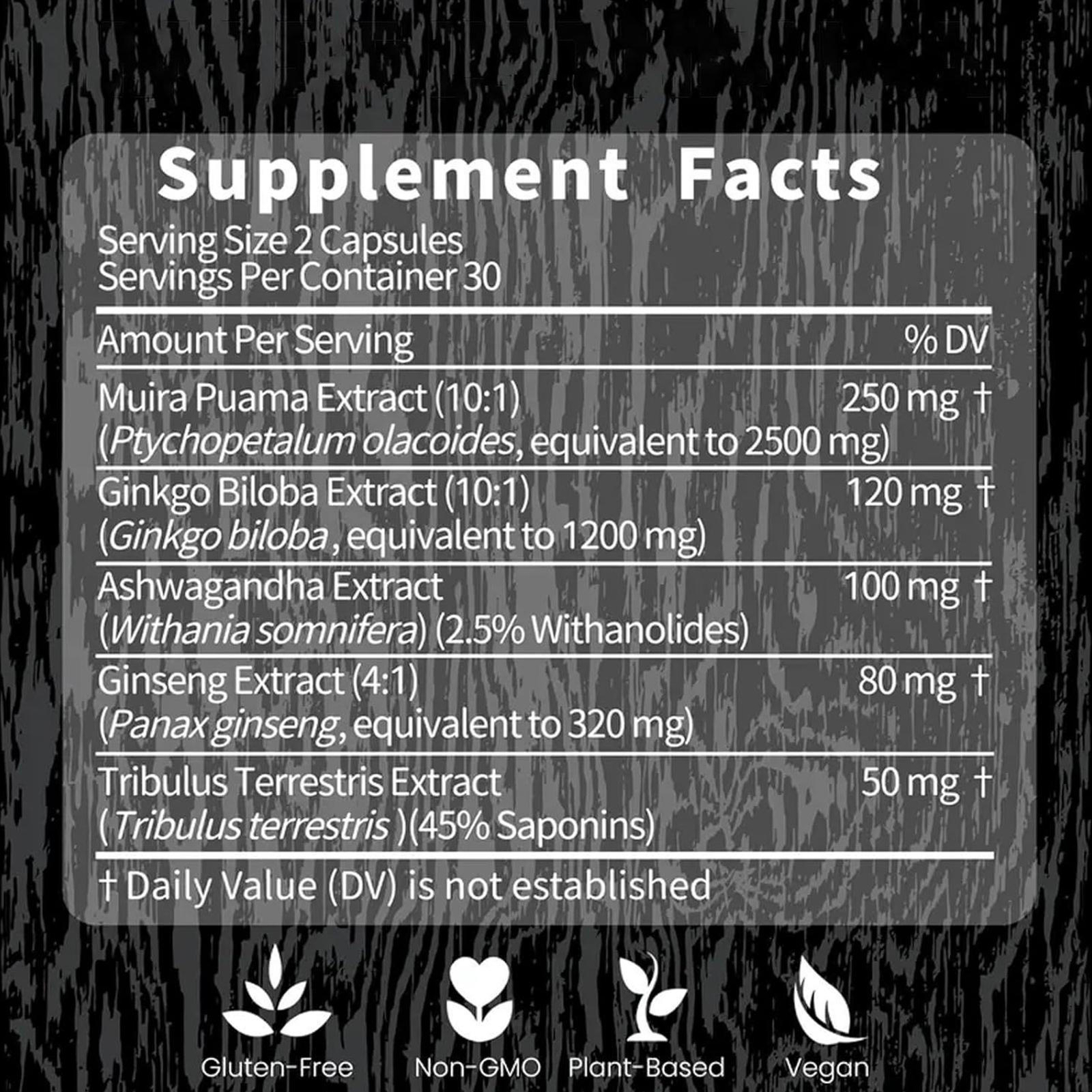 Potency Wood Ginseng Ashwagandha Gingko Tribulus, Herbal Supplements 60 Capsules