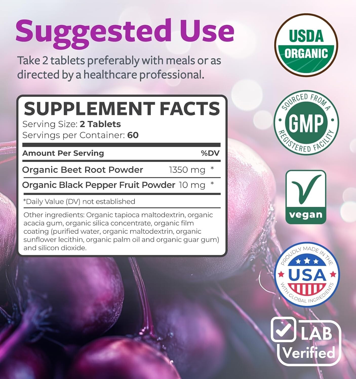 USDA Organic Beet Root Powder 1350mg Beets Per Serving with Black Pepper, 120ct