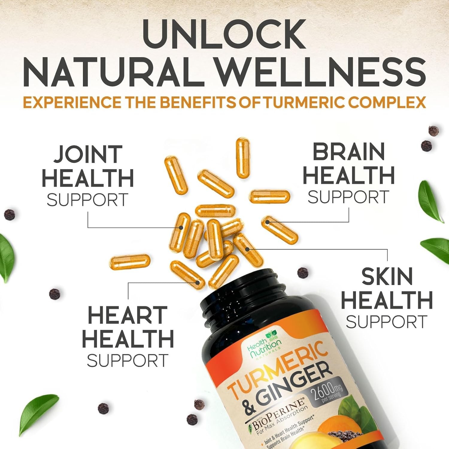 Turmeric Curcumin 2600mg w/ Ginger & BioPerine Black Pepper Capsules