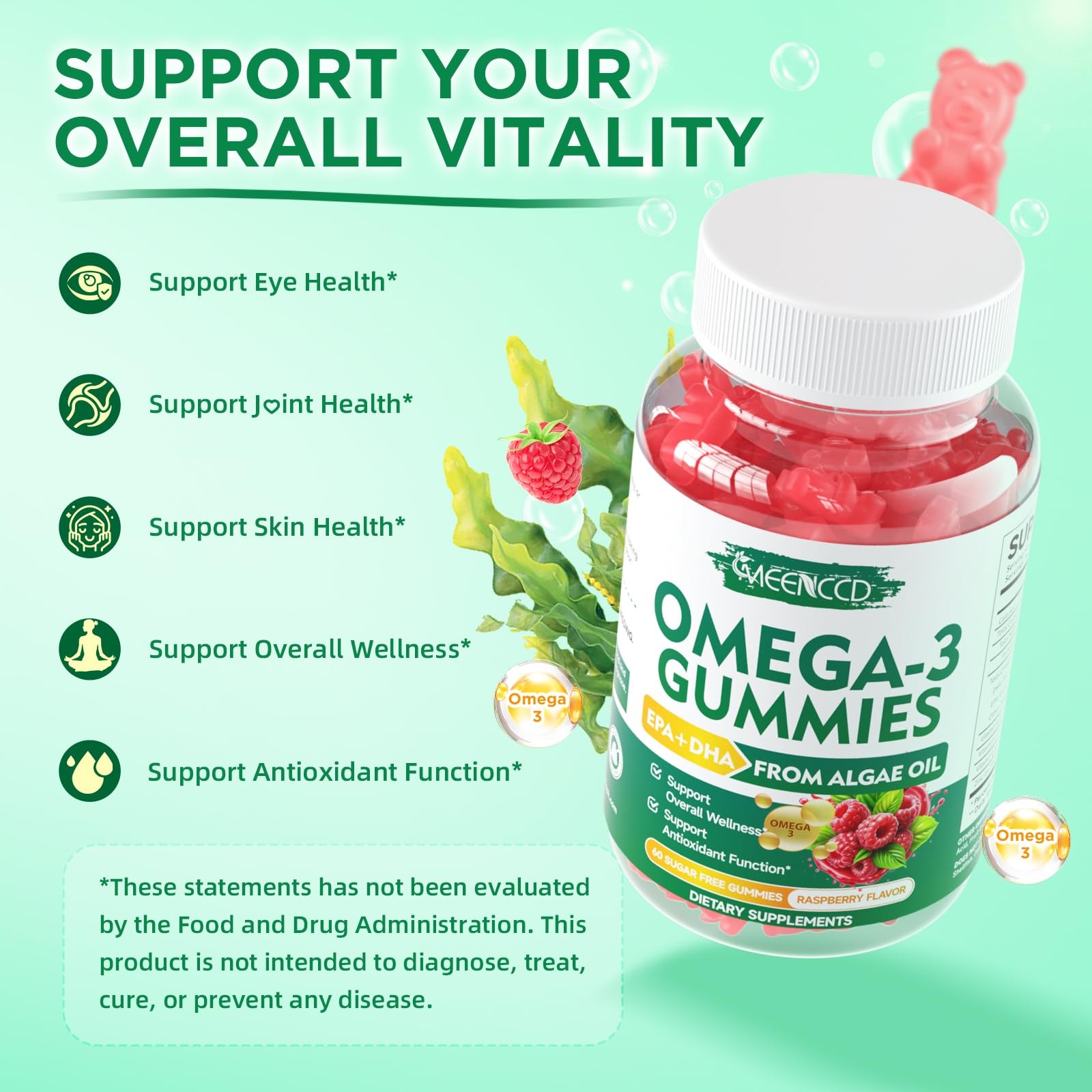 Meenccd 2 Pack Omega-3 Gummies 1000Mg Omega 3 Fish Oil Alternative For Adults