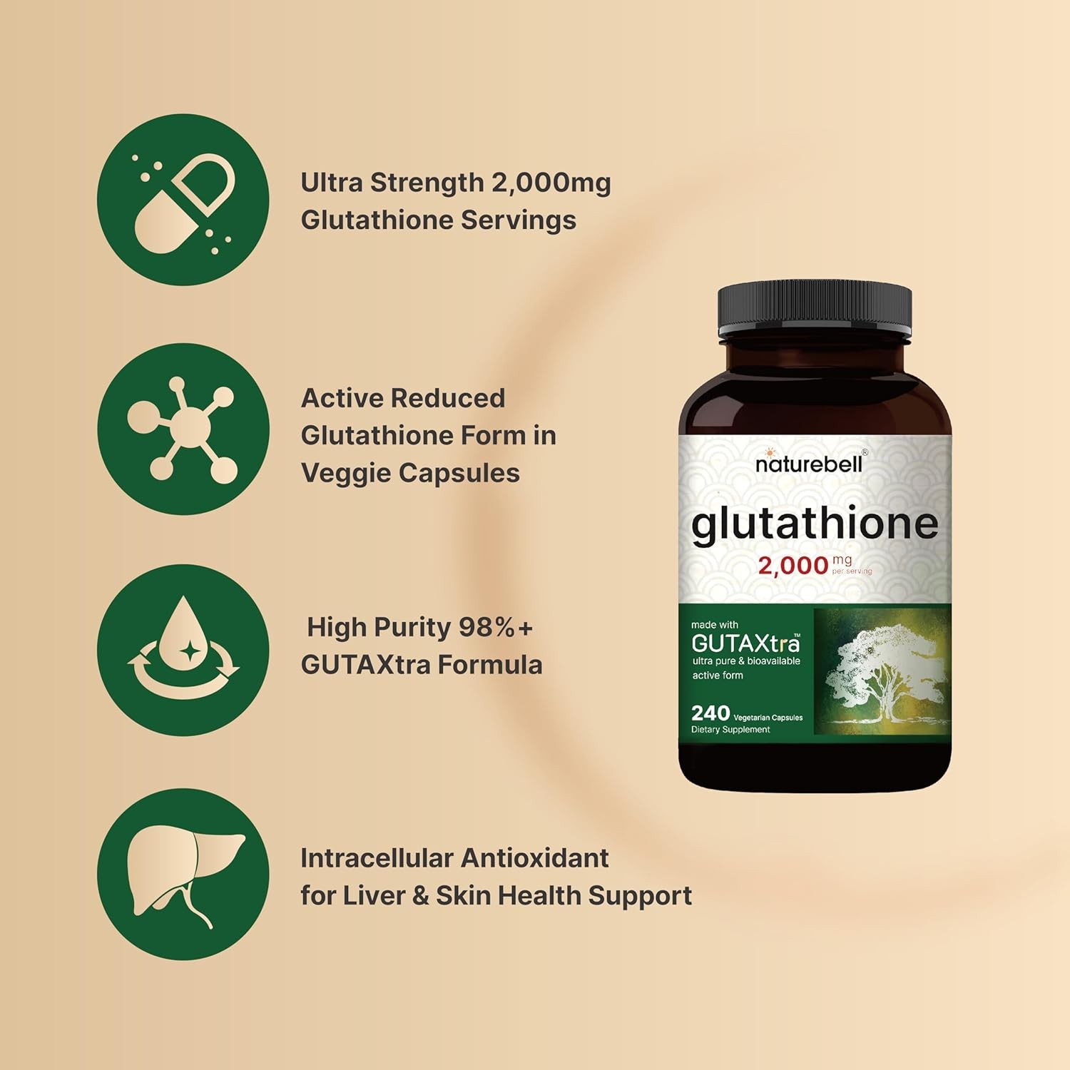 NatureBell Glutathione Supplement 2,000mg Per Serving, 240 Veggie Capsules