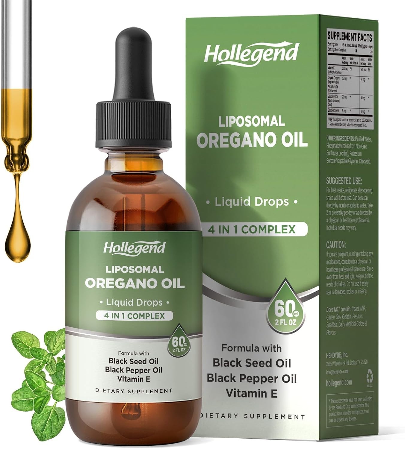 HOLLEGEND Liposomal Oregano Oil Liquid Drops, Organic Oil of Oregano Carvacrol