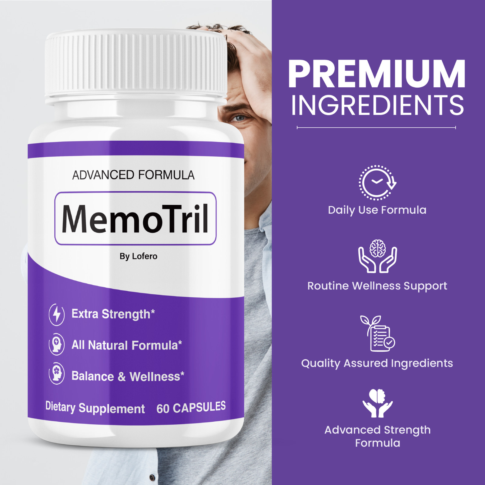 Memo Tril Nootropic Natural Formula Brain Supplement, MemoTril Pills (60Ct)