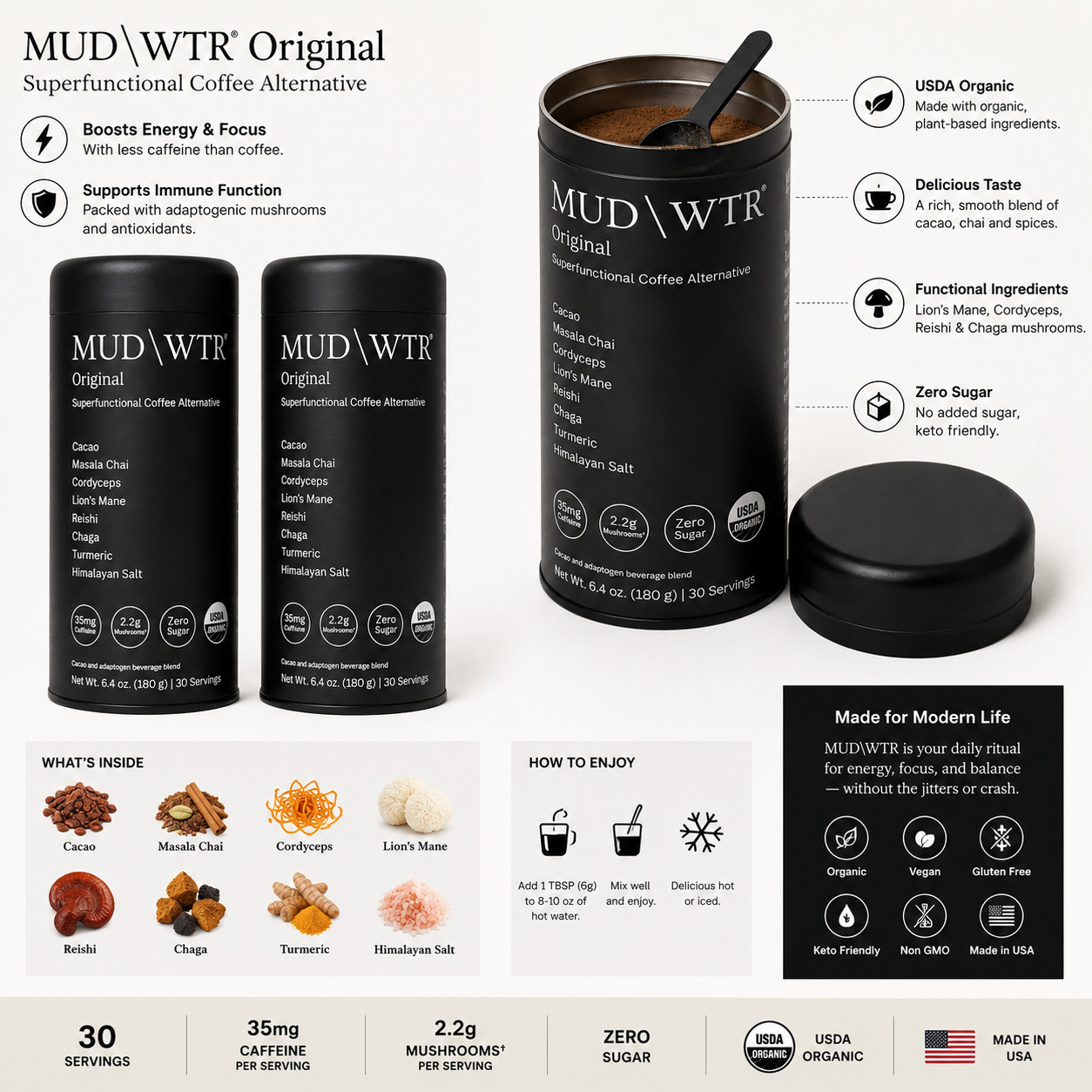 MUDWTR Original Organic Coffee Alternative 2-Pack | 30 Servings Each | Vegan