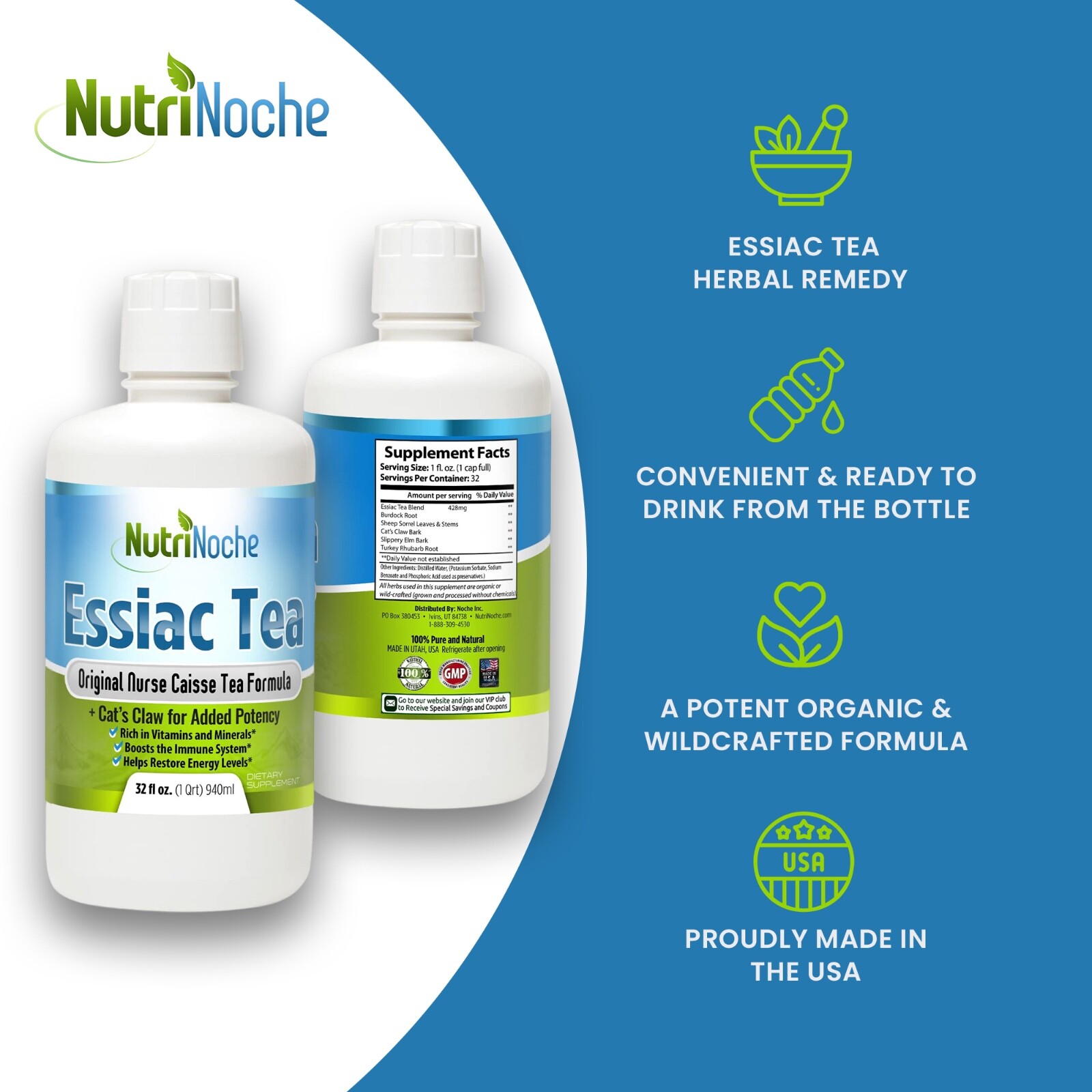 Nutrinoche Essiac Tea | Freshly Brewed Organic and WildCrafted Herbs | 32 Oz