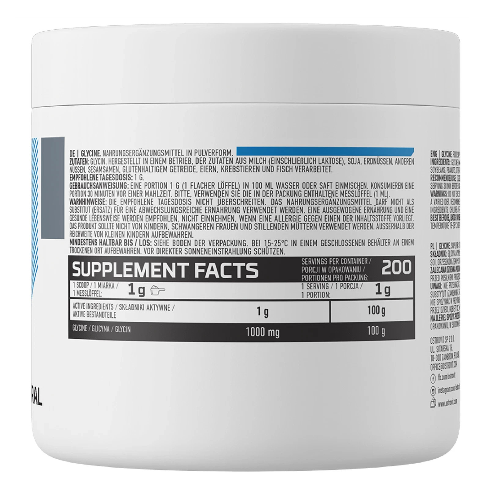 OSTROVIT GLYCINE 200g PURE POWDER DAILY AMINO ACID SUPPORT FOR RECOVERY & SLEEP