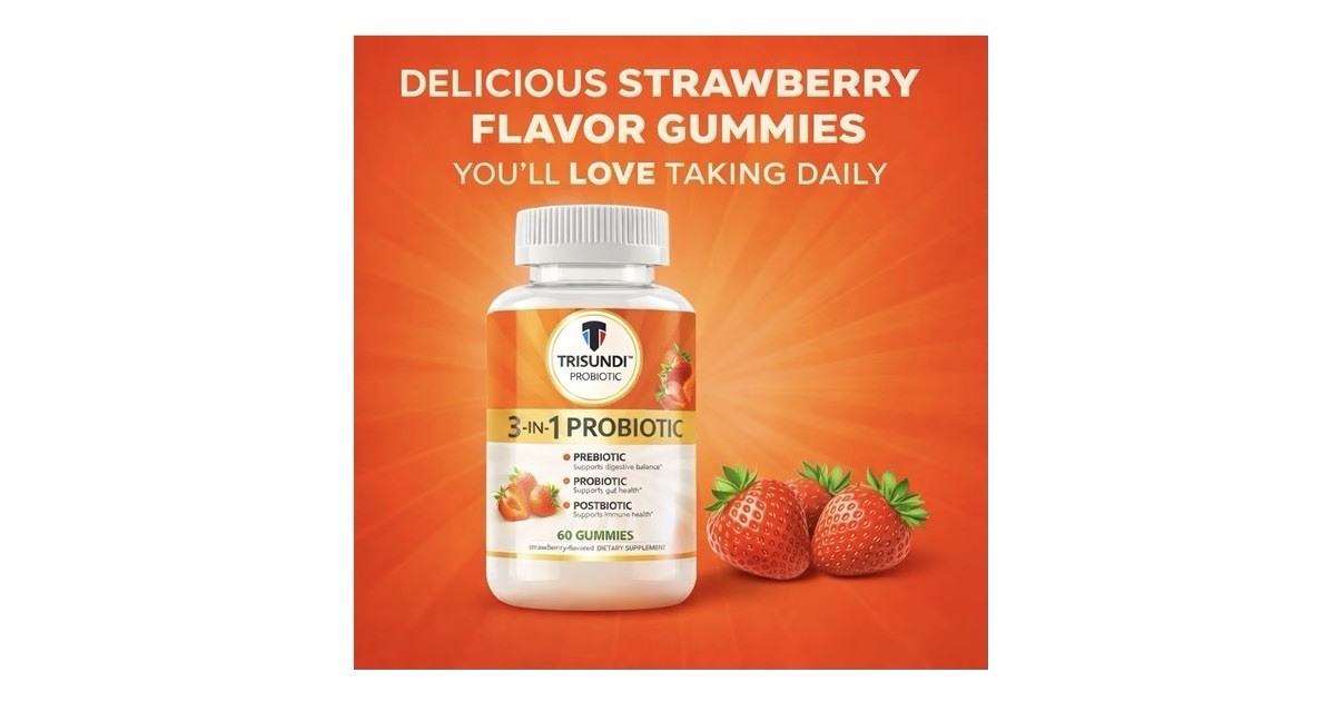 Trisundi 3-in-1 Probiotic Prebiotic Postbiotic Strawberry Digestive 60 Gummies