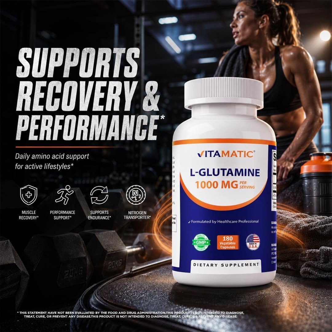 Vitamatic L-Glutamine 1000mg 180 Veg Capsules Non GMO Gluten Free USA GMP