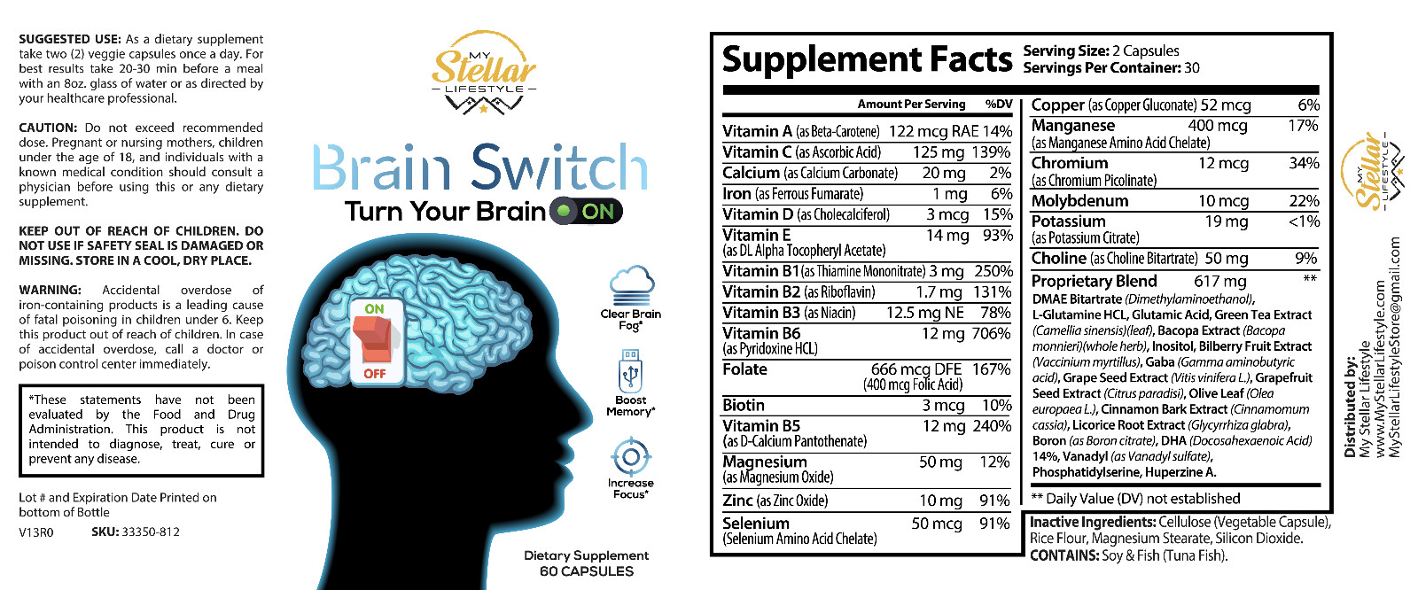 5 Pack Brain Switch, boost memory & increase focus-60 Capsules x5