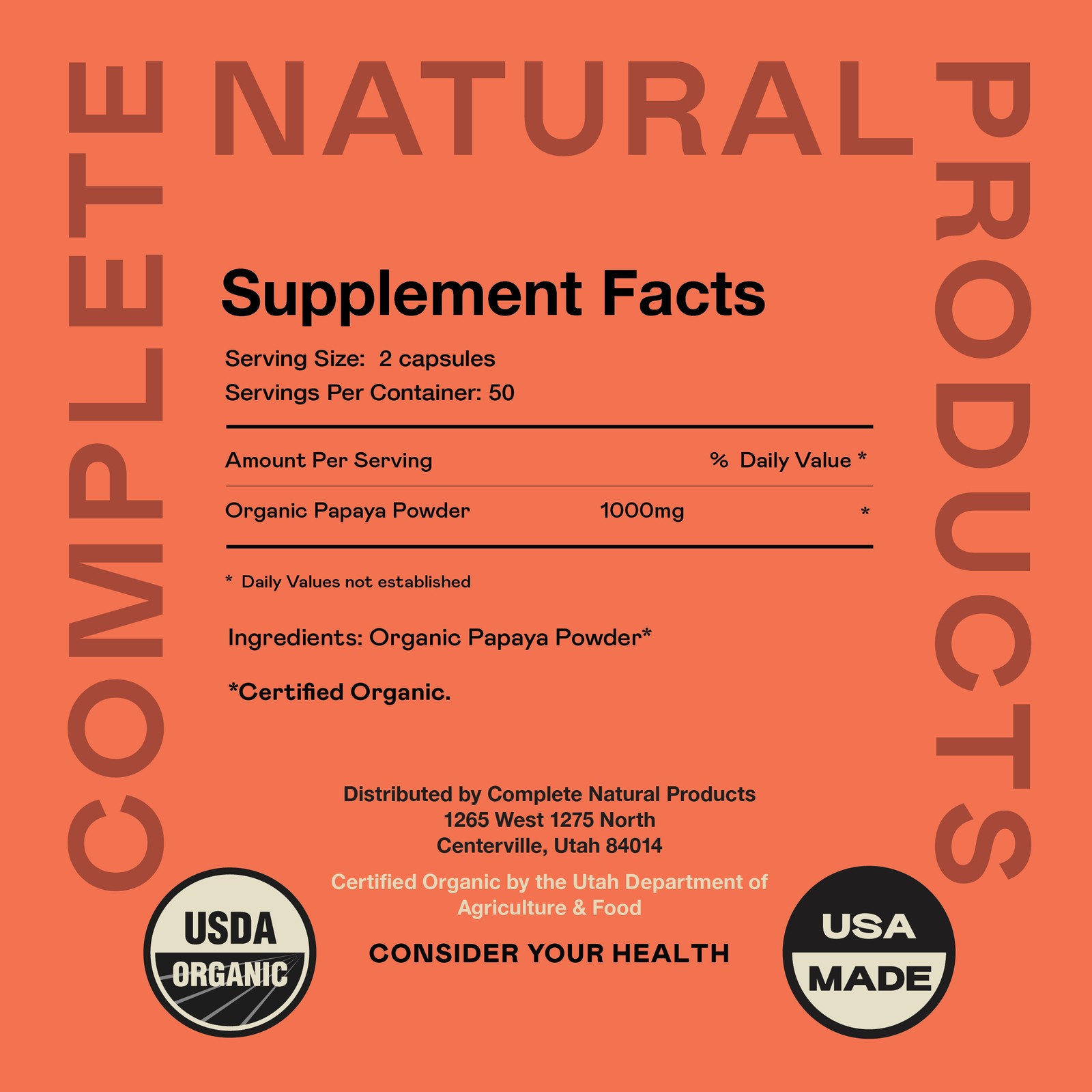 Organic Papaya Enzymes & Papain Capsules – 600mg 100 Pills Organic Papaya Powder