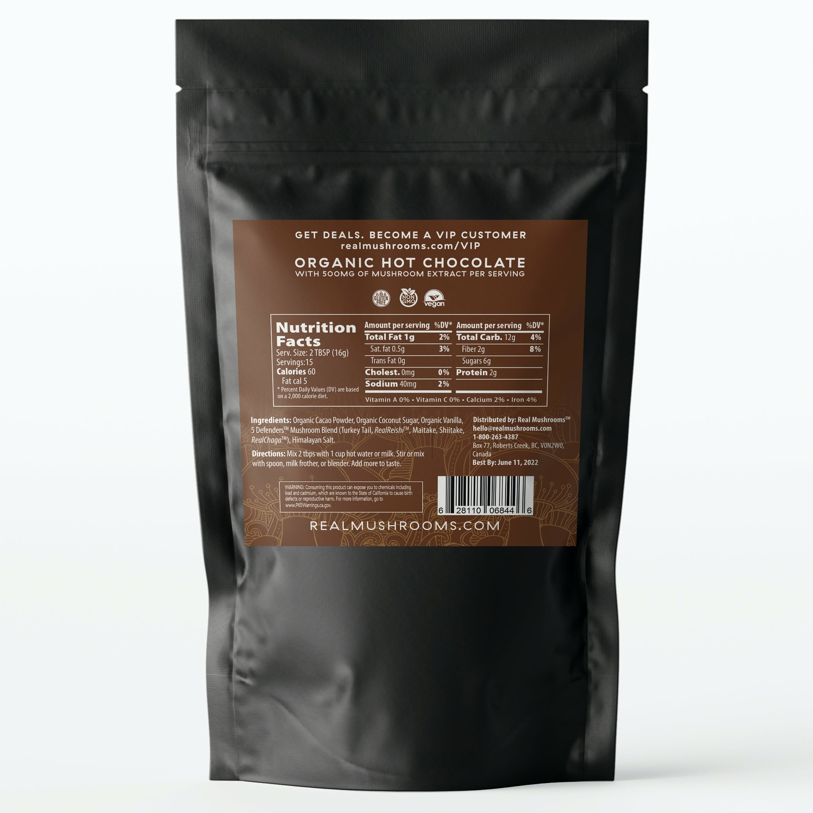 Real Mushrooms Organic Hot Chocolate Mix Heirloom Cacao Pure Vegan 240g NEW