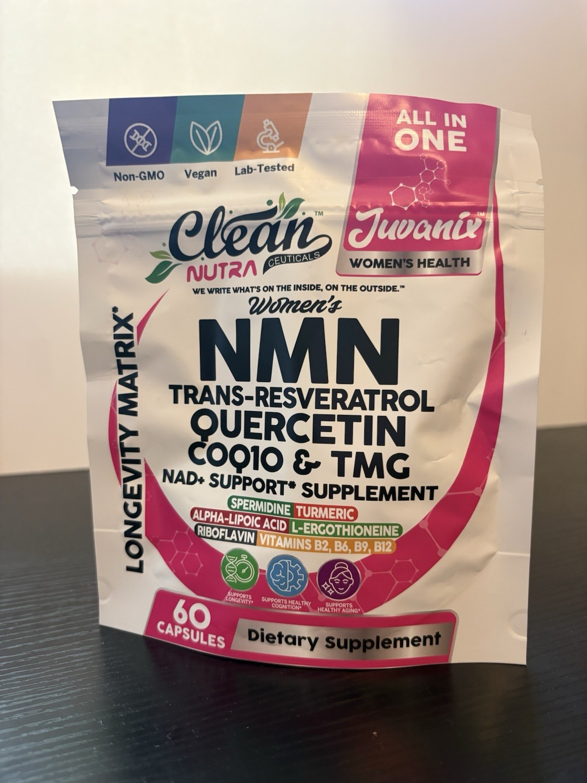 Clean Nutra JuvaniX Women’s NMN 500mg w/ Resveratrol Quercetin CoQ10 TMG 60