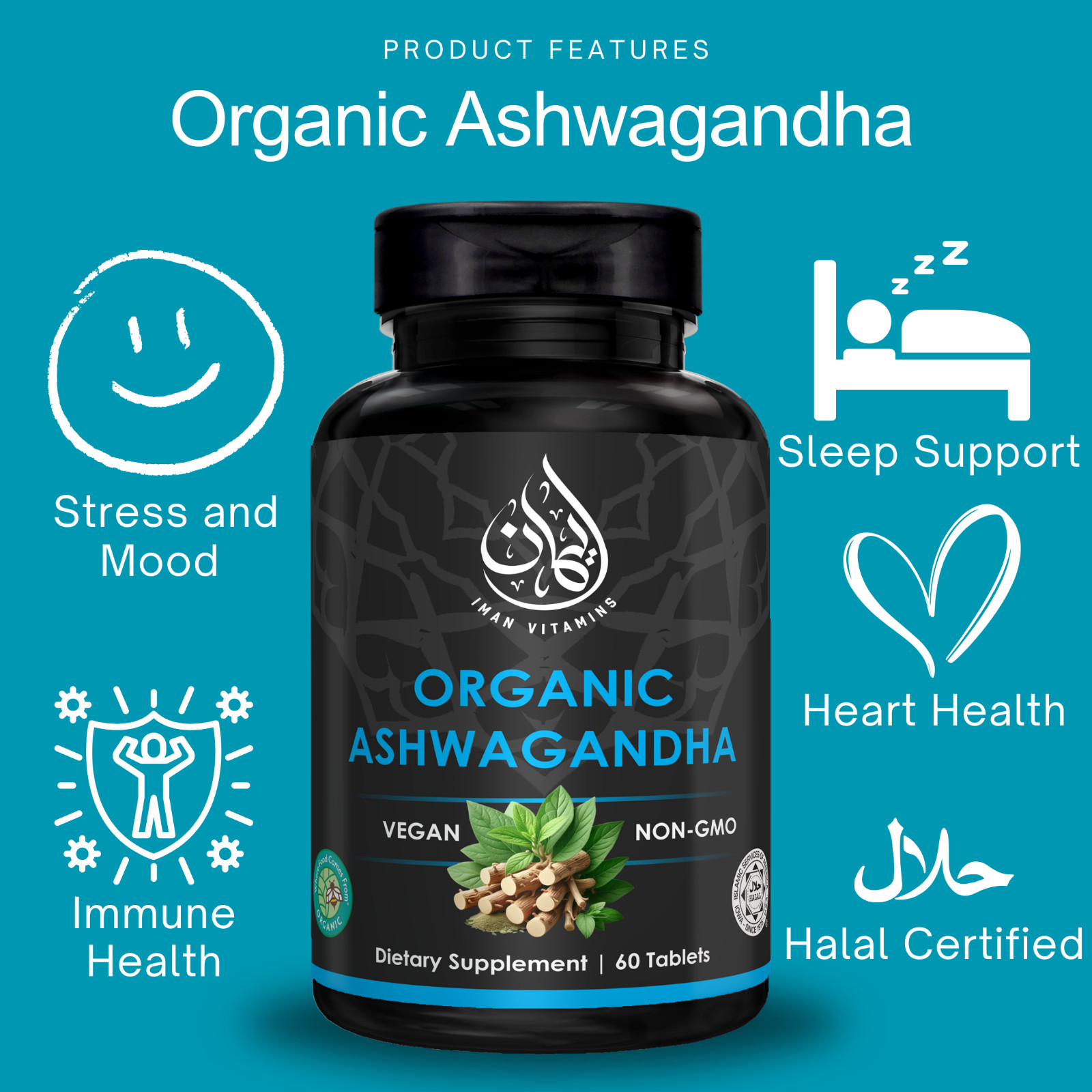 Iman Vitamins Halal Ashwagandha, Organic, Vegan, Sleep & Mood Support, 60 Count
