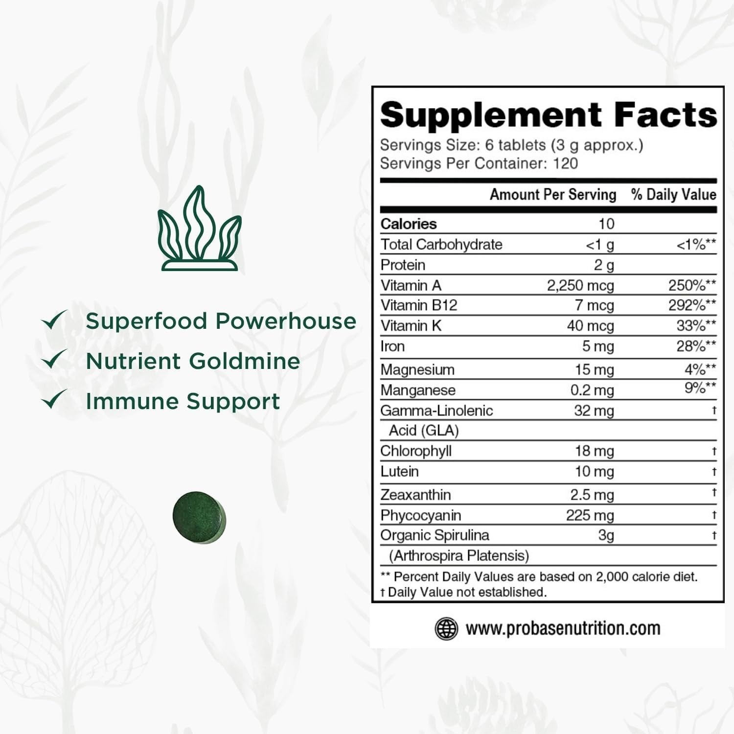 Probase Nutrition, Organic Spirulina Tablets, Premium Spirulina Supplement