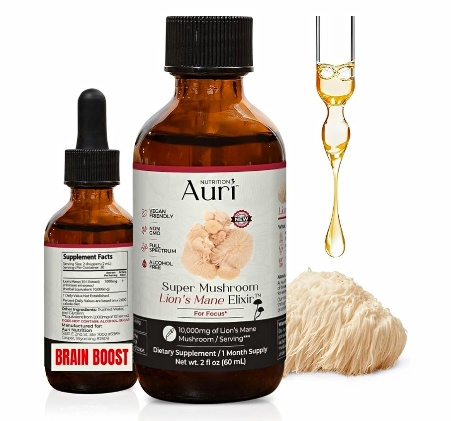 Auri Nutrition Lion’s Mane Elixir Liquid Drops Focus Memory Alcohol Free 2 fl oz