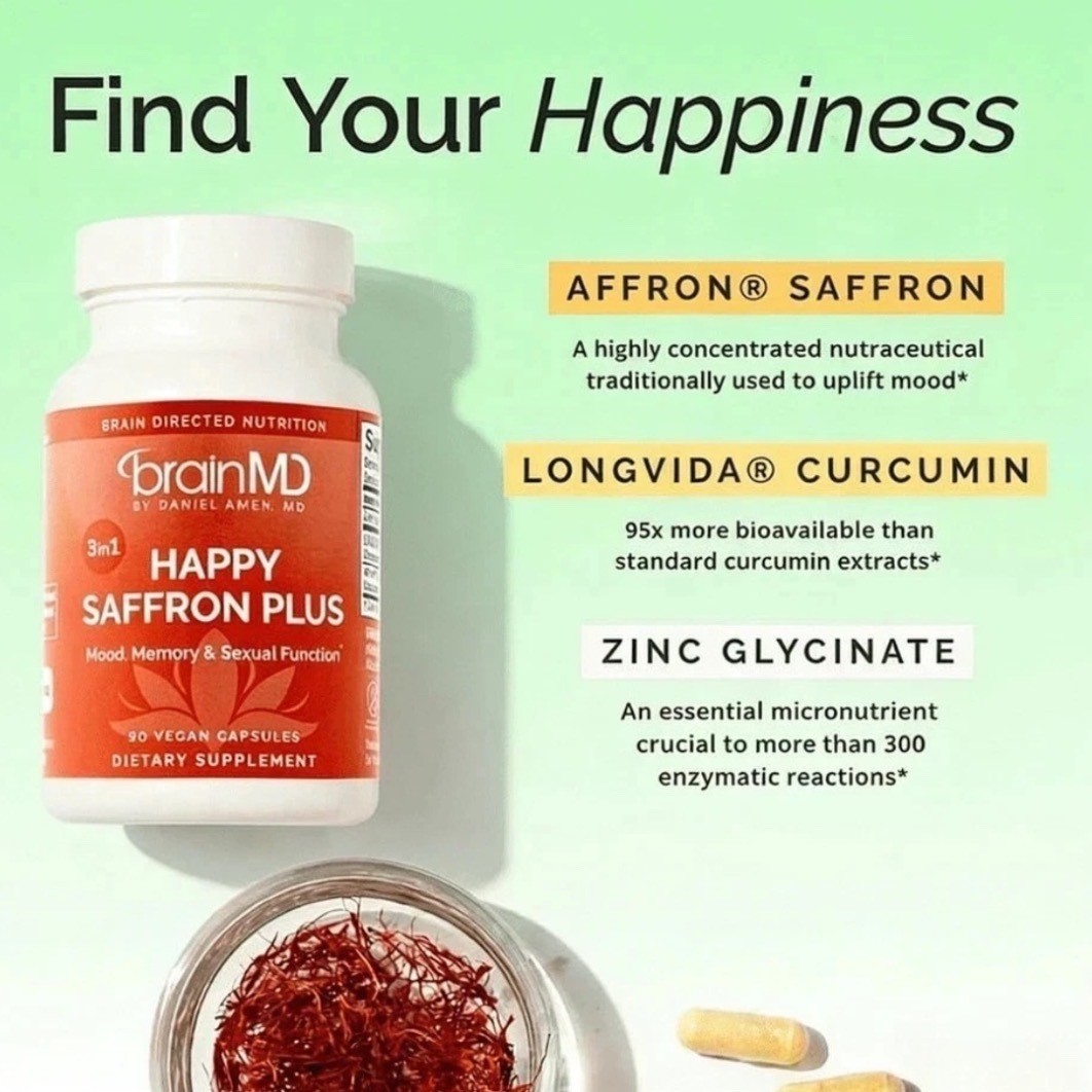 BrainMD Happy Saffron Plus 90 Vegan Capsules Mood Memory Function Supplement