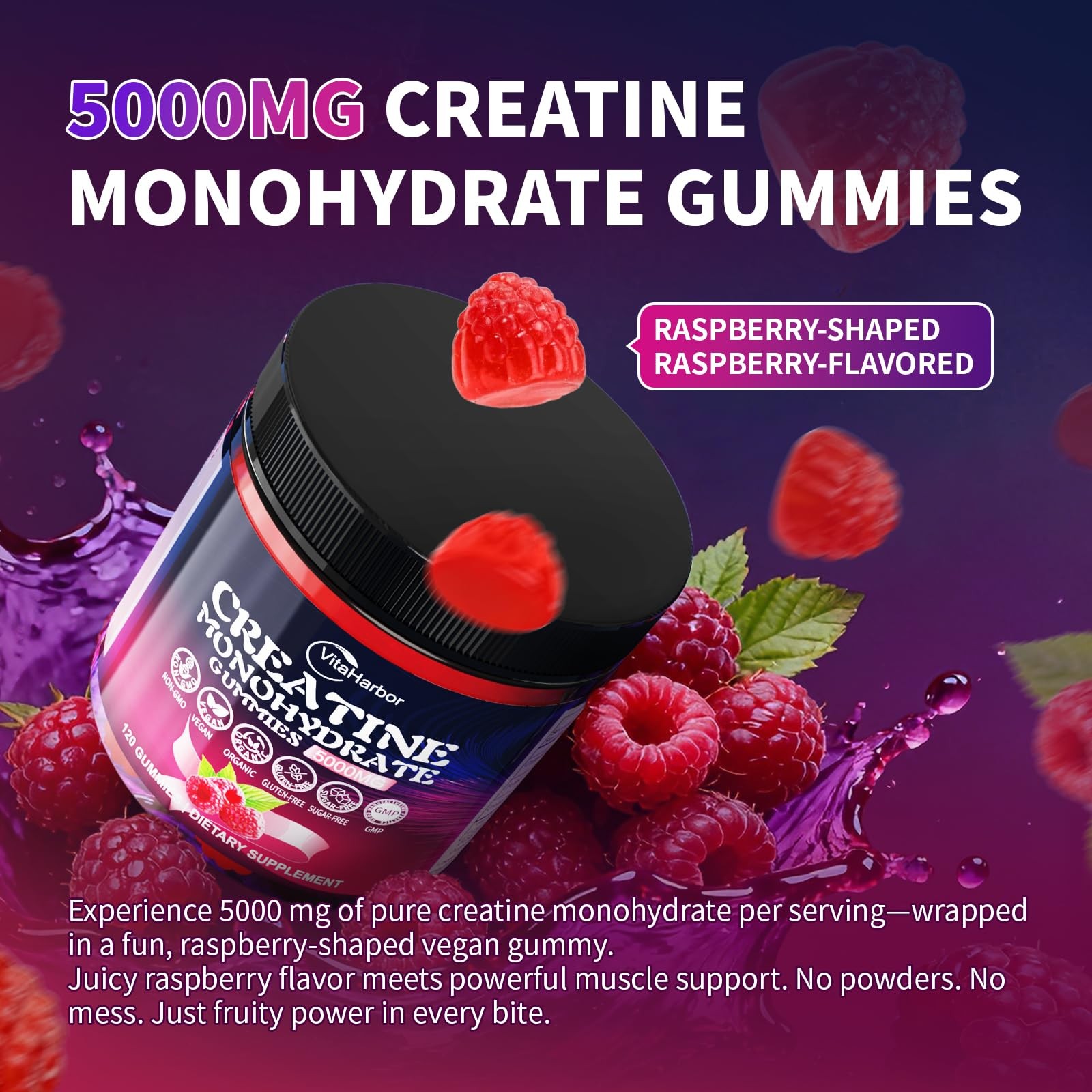 Creatine Monohydrate Gummies 5000mg for Men & Women, 120 Count (Pack of 1)