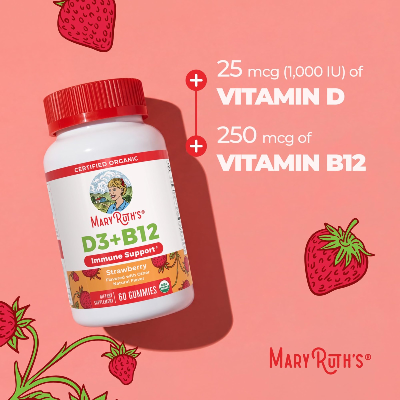 MARYRUTH’S Organic Vitamin D3 + B12 Gummies for Ages 4+ 60 Count (Pack of 1)