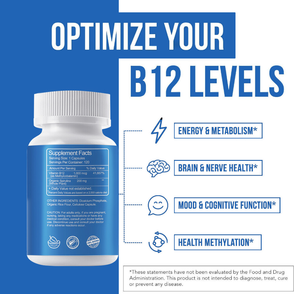 Vitamin B-12 B1,B2,B3,B5,B6,B7,B9-Triple Action 1,000Mcg 120 Capsules Support