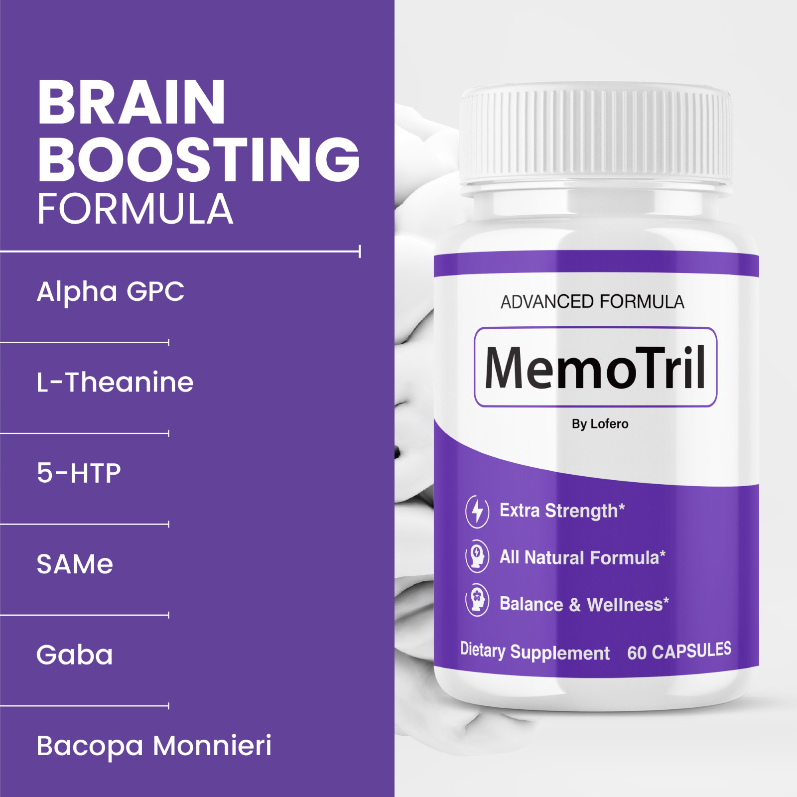Memo Tril Nootropic Natural Formula Brain Supplement, MemoTril Pills (60Ct)