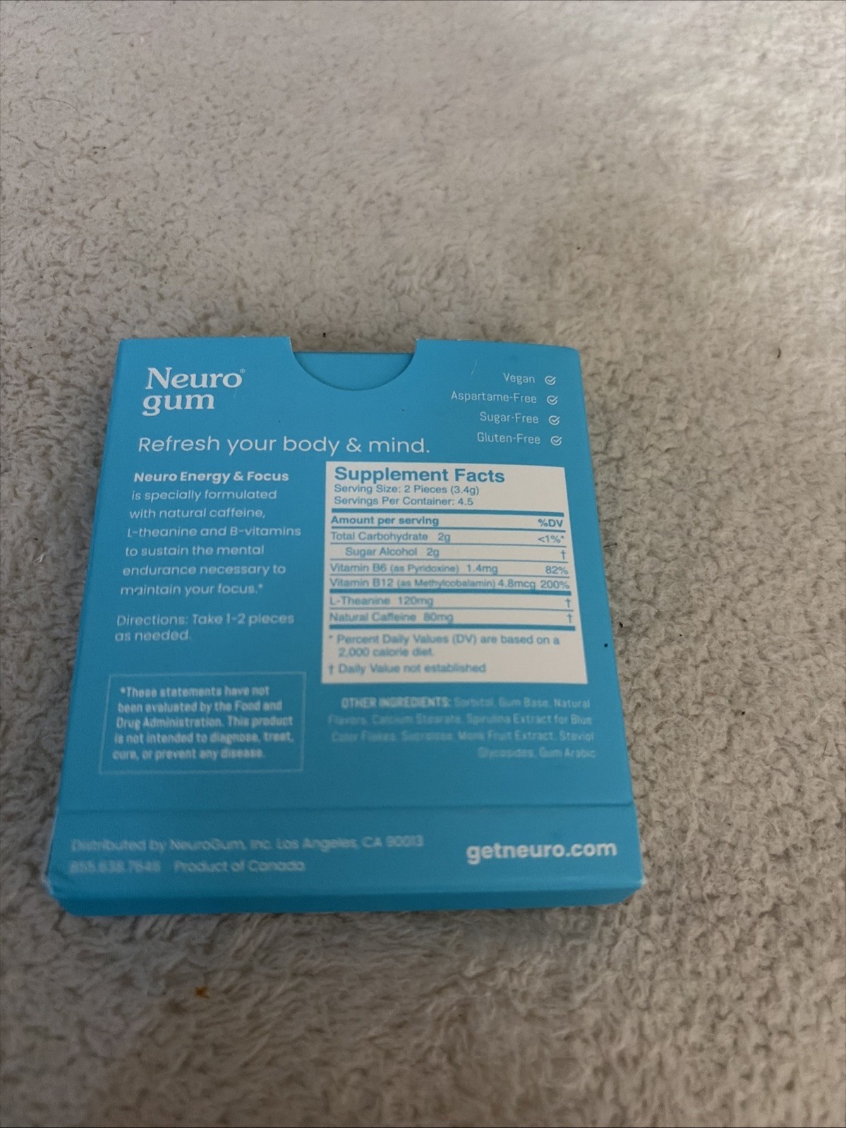 neuro gum 9 Pcs Energy & Focus L-thiamine B-Vitamins Dietary Supplement