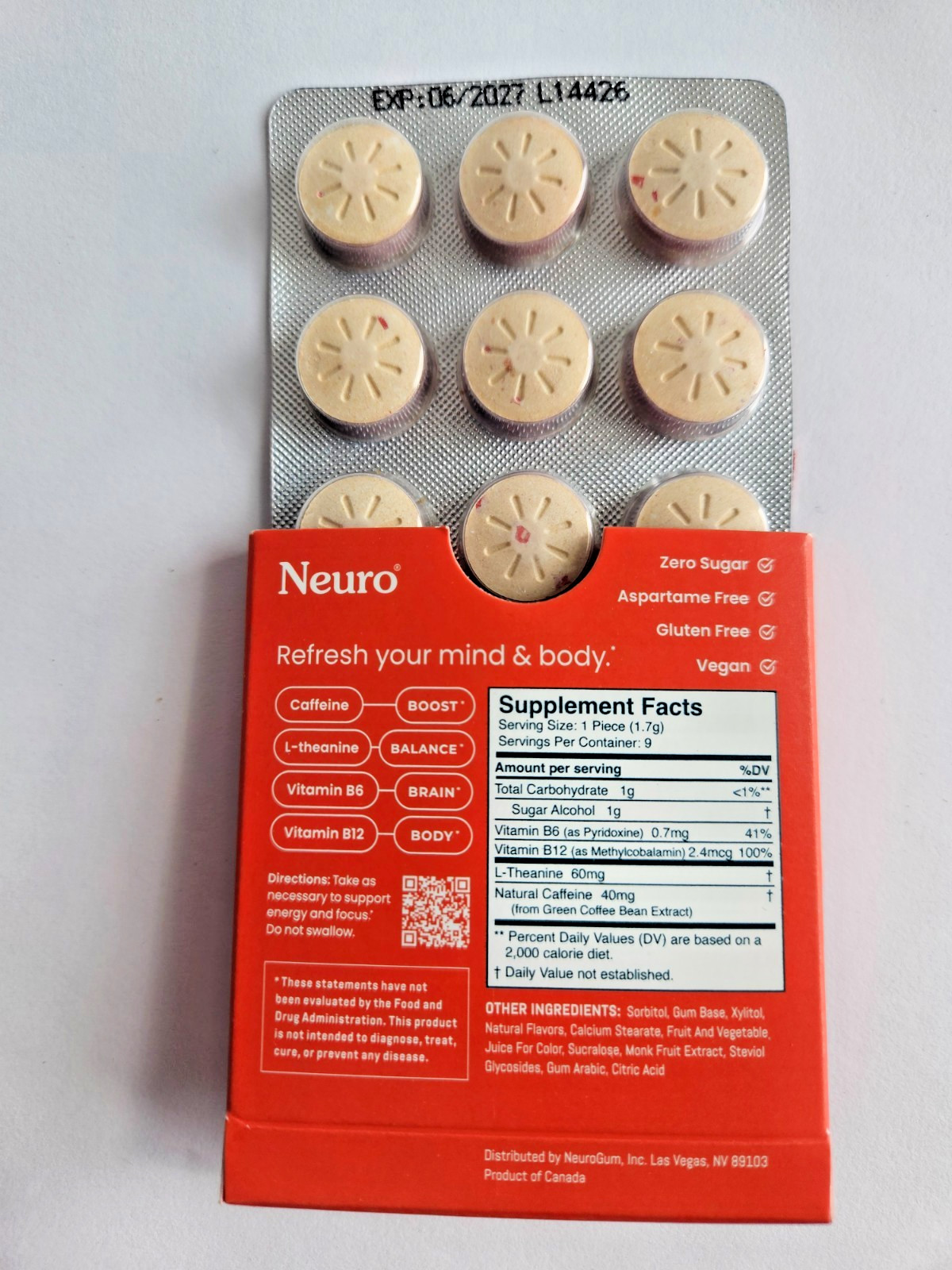 5 PK Neuro Gum CINNAMON Caffeine B-12 Natural Boost Energy Focus Fresh, EXP 2027