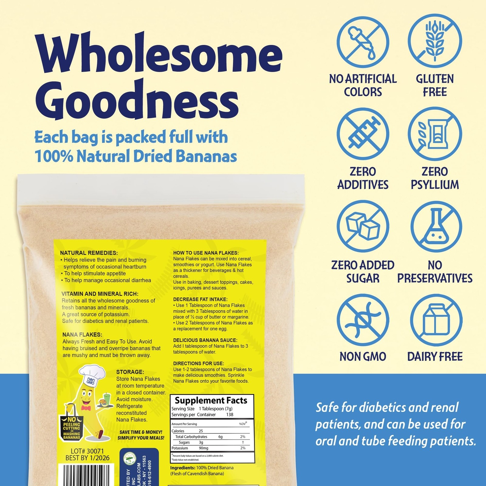 Nana Flakes 100% Dried Banana Natural Remedy 2 Lbs.138 Servings