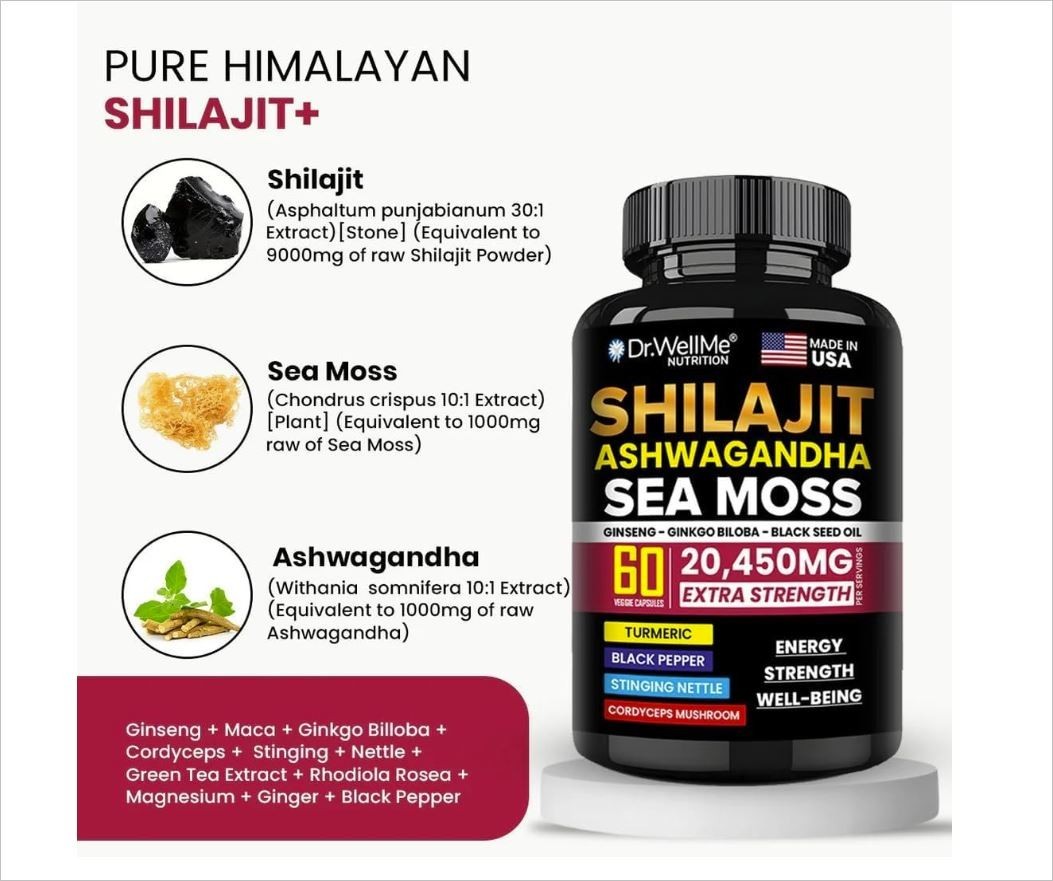 Dr.WellMe Shilajit Ashwagandha Sea Moss with Ginseng, Ginkgo Biloba & Black Seed