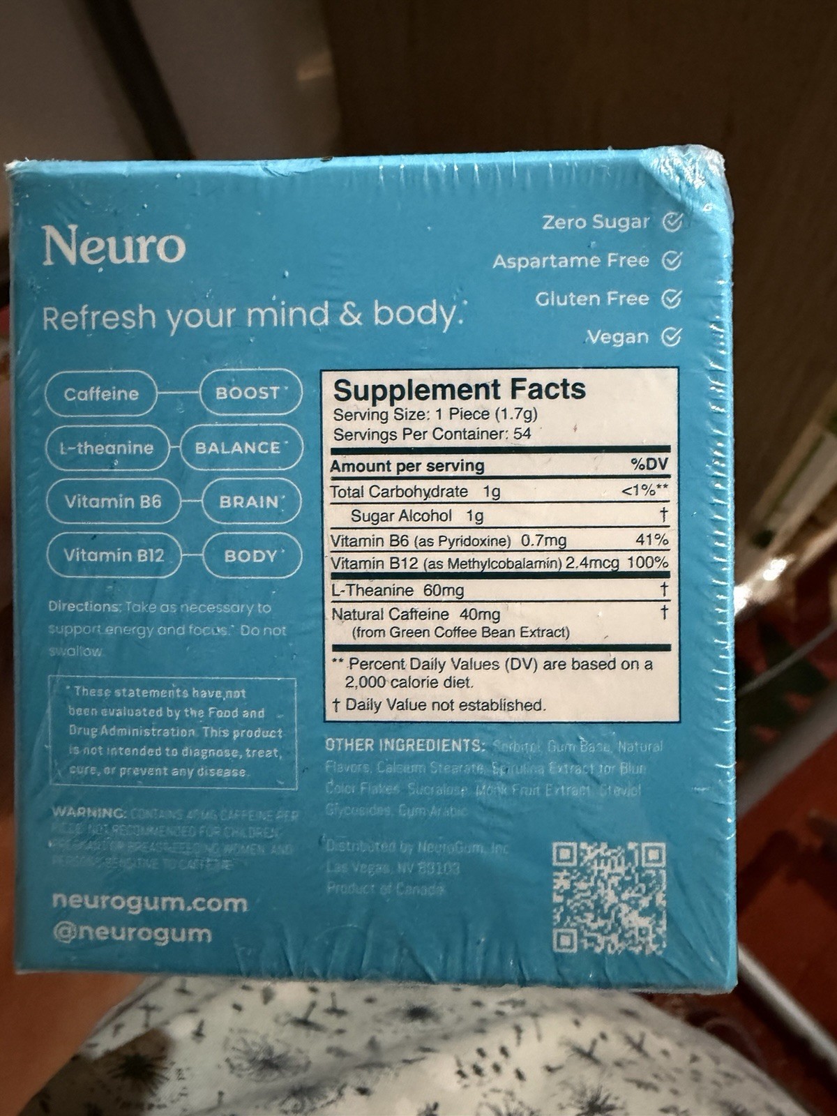 Neuro Energy & Focus Gum Peppermint 6 Pack Zero Sugar Vegan Gluten Free