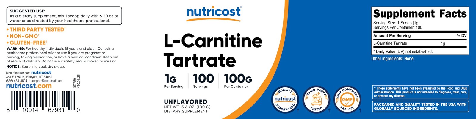 Nutricost L-Carnitine Tartrate Powder (100 Grams) 3.53 Ounce (Pack of 1), Red