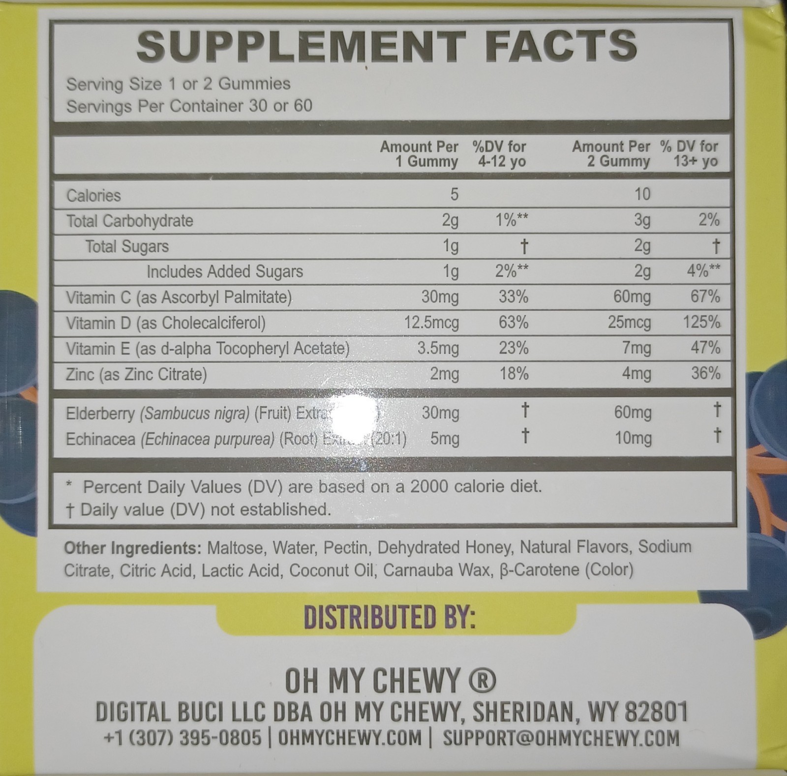 Oh My Chewy Elderberry Gummies Immunity Support Real Honey & Lemon Kids 60CT