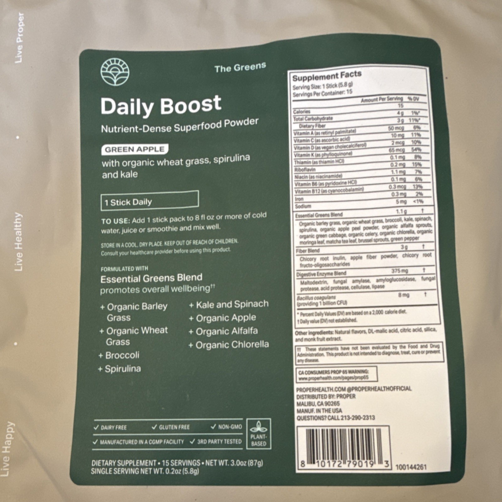Proper Daily Boost Superfood Powder Green Apple Vegan 15 Servings Exp 10/26