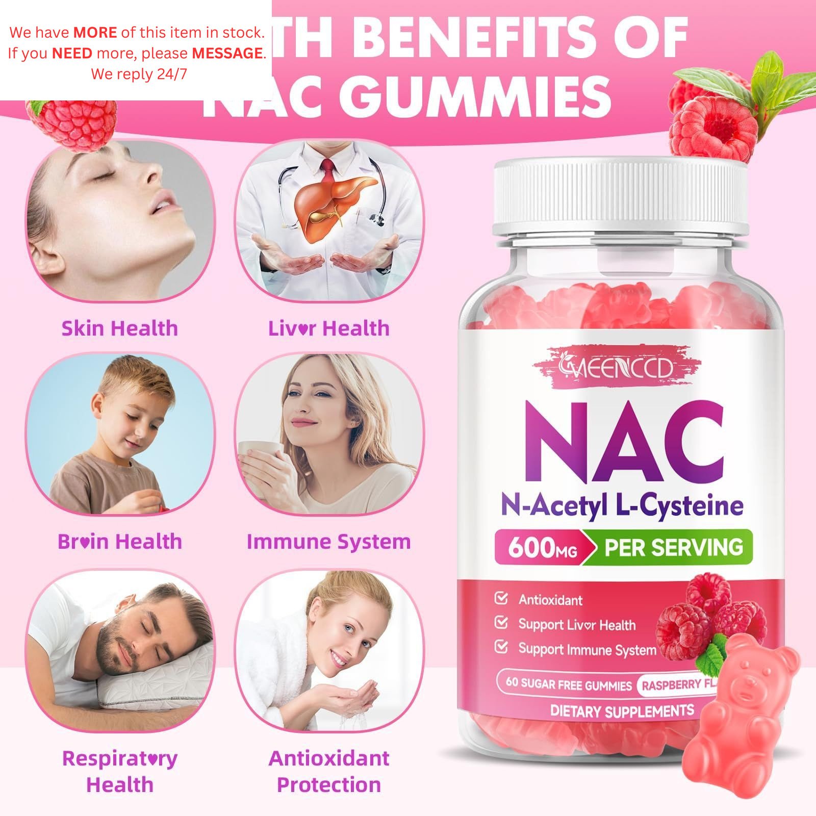 NAC Gummies, N Acetyl Cysteine 600mg, 60 Count (Pack of 1)